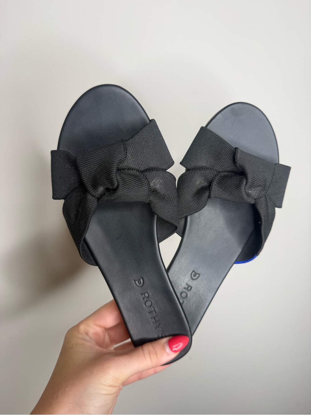 Rothy's Black Bow Slide Sandals with Knotted Fabric Strap